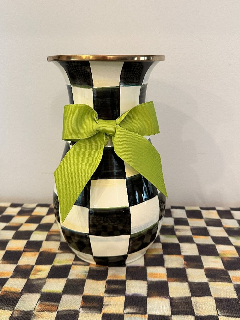 MacKenzie-Childs Courtly Check Enamel Vase With Green Ribbon 10"